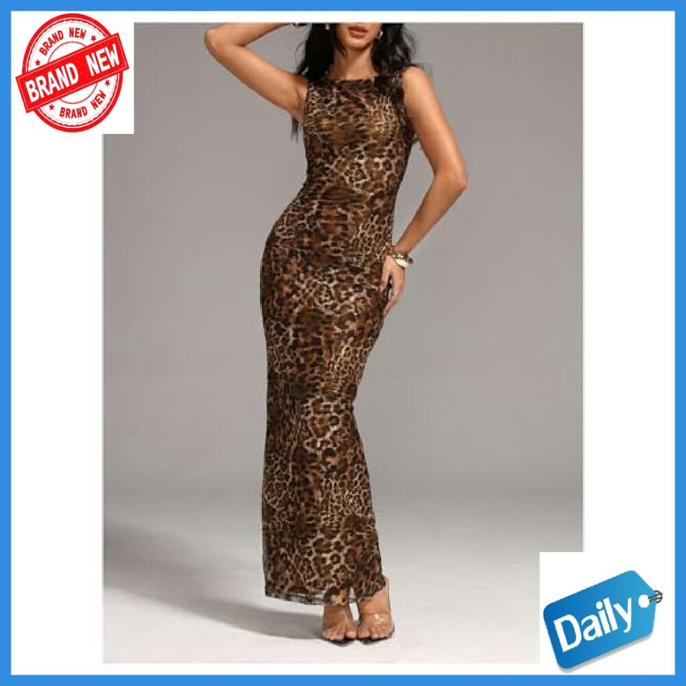 Leopard Print Maxi Dress Sleeveless Bodycon Party Club Tank - Picture 4 of 6